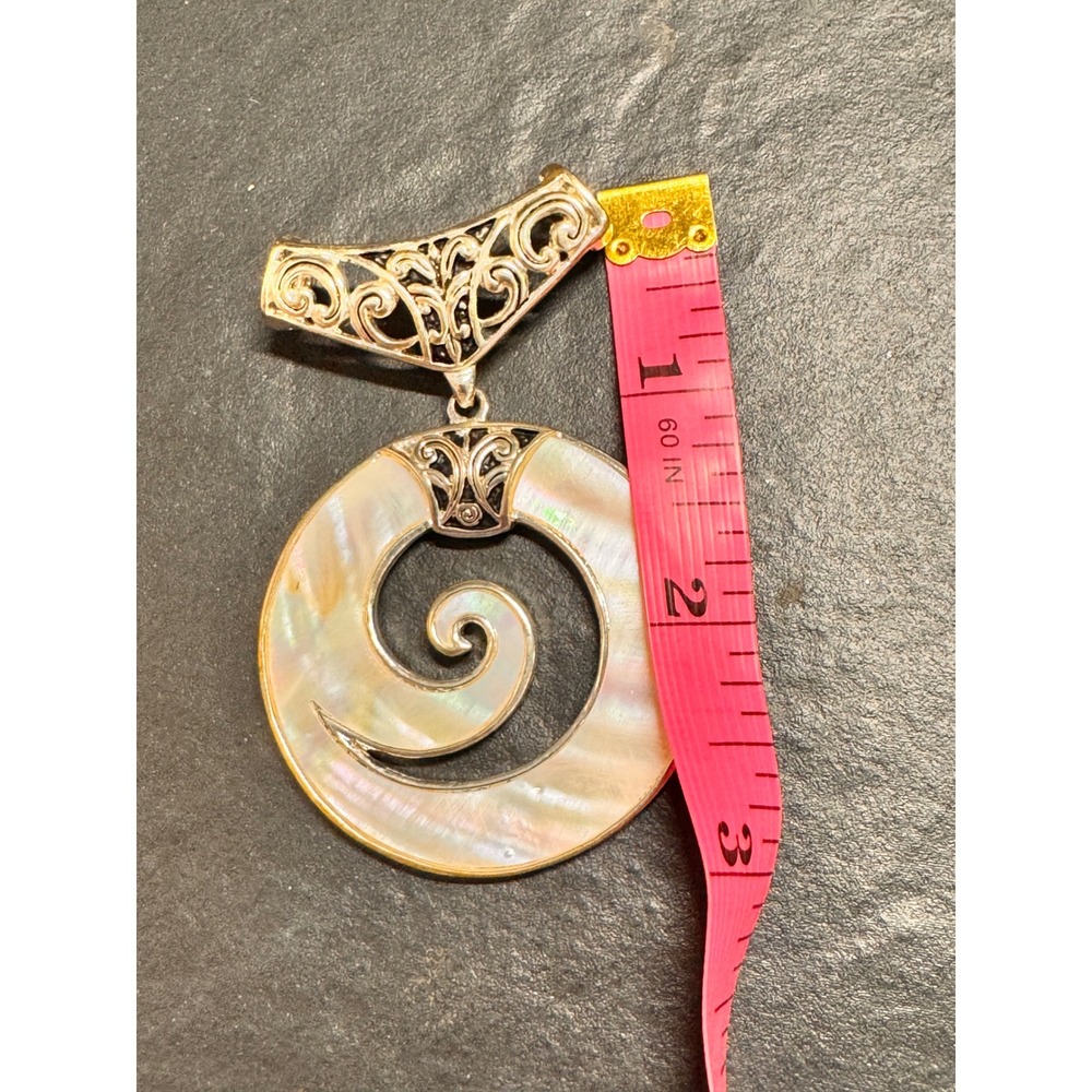 Handcarved Mother of Pearl Shell Pendant Koru Spiral Design Sterling Silver bail